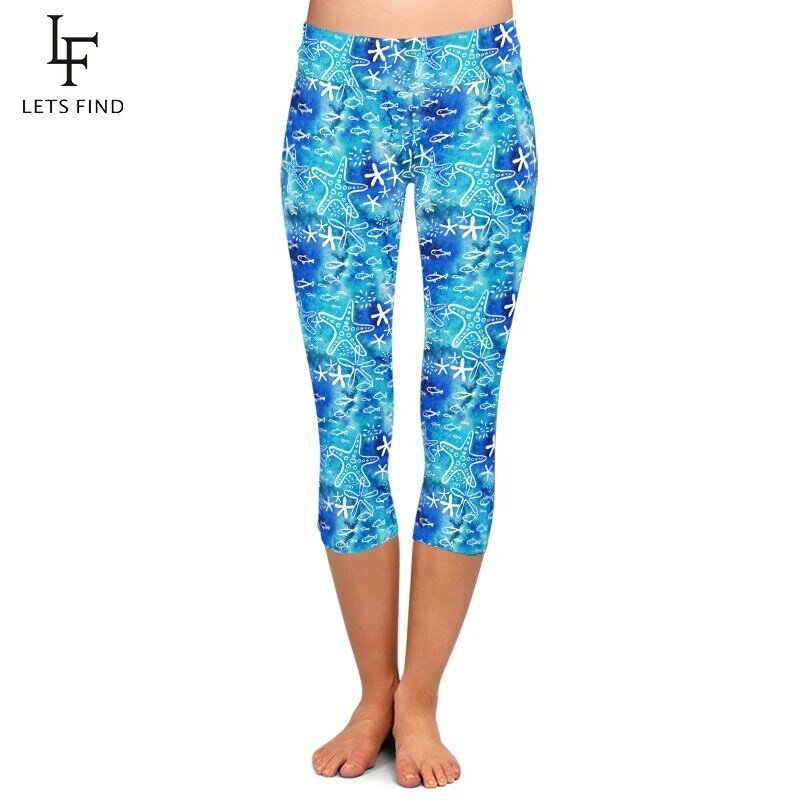 LETSFIND-mallas Capri elásticas de cintura alta para mujer, leggings con estampado de estrellas de mar y peces dibujado a mano en 3D, Sexy, Fitness, 3/4
