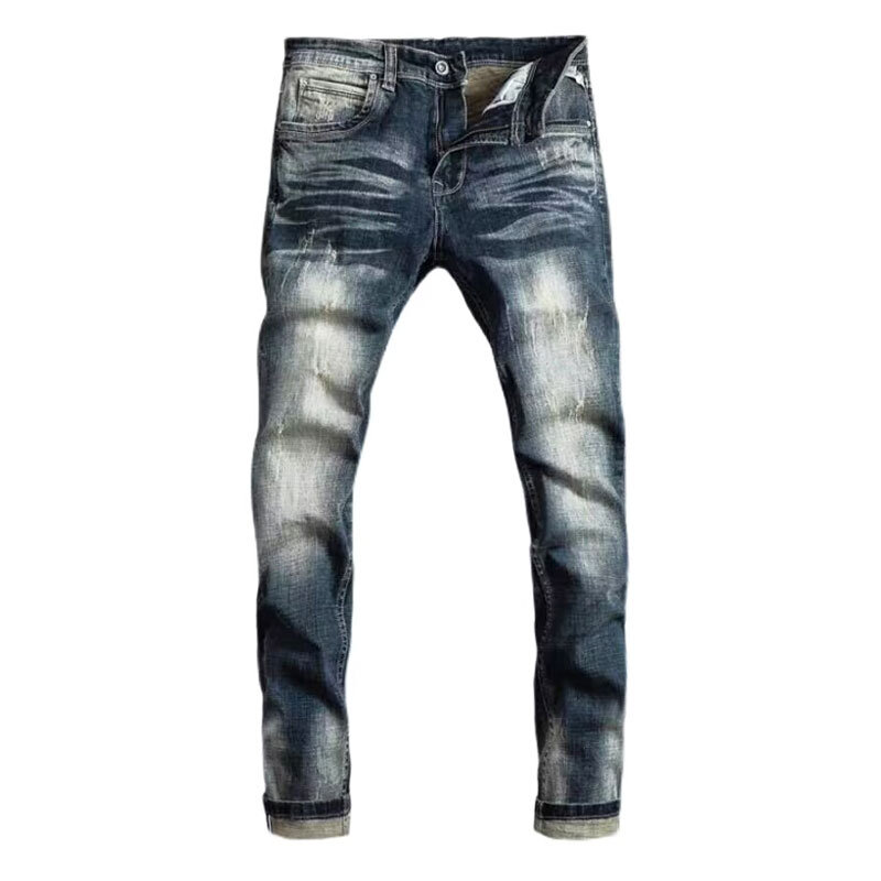 Jeans pria sobek pas badan Lurus meregang biru Retro kualitas tinggi Jeans Vintage pria desainer baru celana Denim Hombre