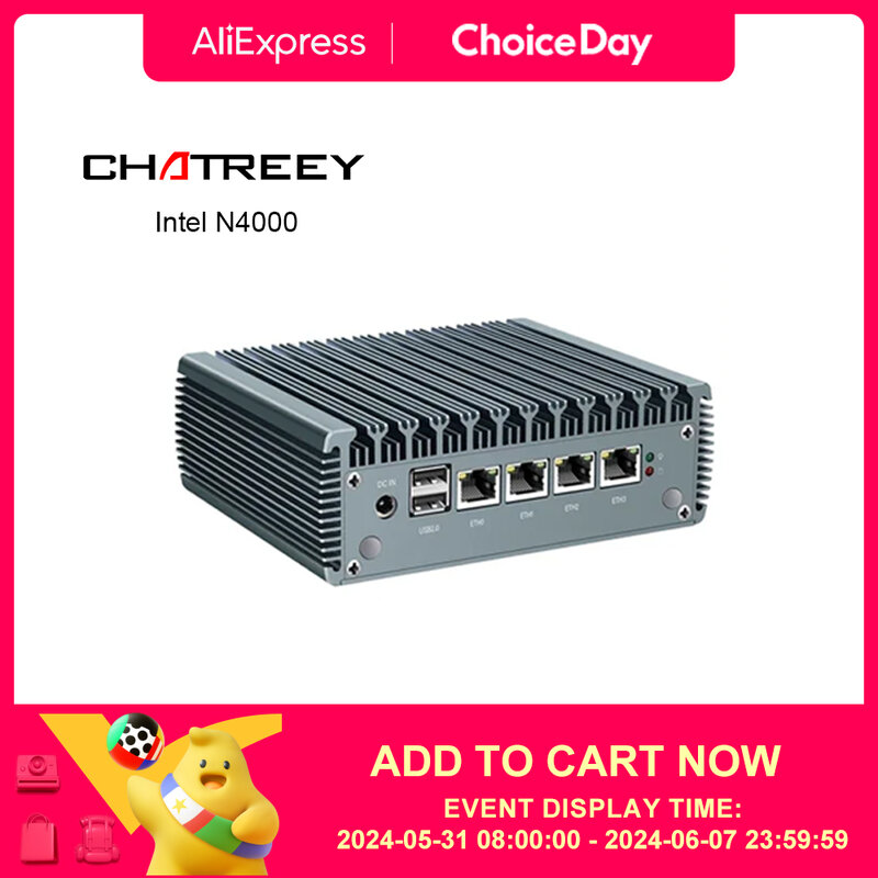 Chatroey-Mini PC fanless, Firewall pfSense, Intel Pentium N4000, 4 * Intel i225 Nics, Soft Router, OPNsense, Servidor VPN, 2.5G, DDR4