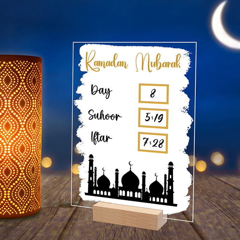 Akrylowa tablica ramadanowa wielorazowa drewniana ozdoba na stół Mubarak Eid adwentowy dzień Suhoor Iftaar odliczanie prezenty z długopisem