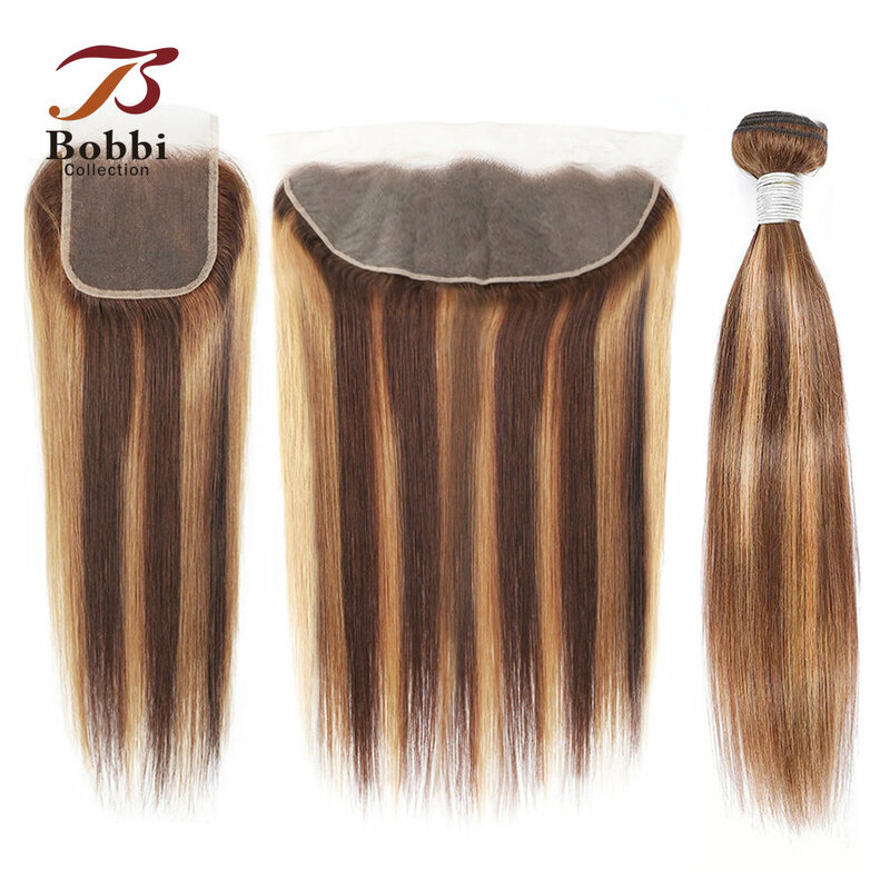 Highlight 3 Bundles with Closure Straight Human Hair Weave Balayage Brown Blonde Mix Color Lace Closure Frontal Bobbi 12-24 inch