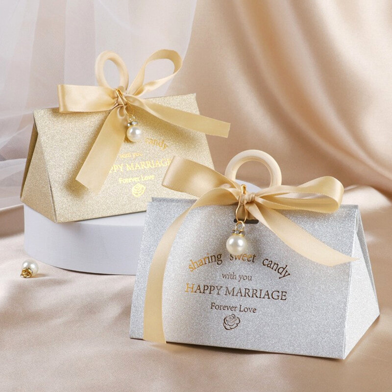 Wedding Candy Box Candy Packaging Box With Handle Ribbon Pearl Candy Bag Candy Box Gift Bag Marry Birthday Gift Box Empty Box