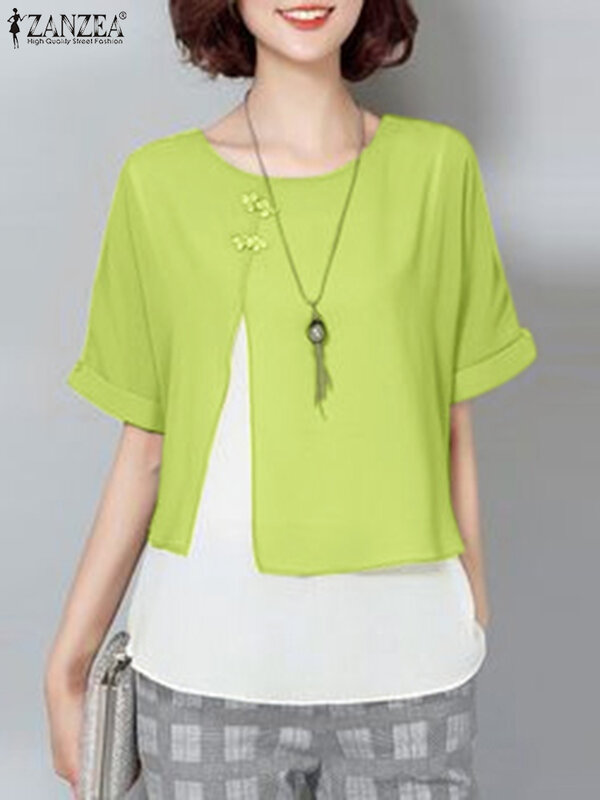 Летняя винтажная блузка ZANZEA в стиле пэчворк, женские топы с круглым вырезом и коротким рукавом, повседневные свободные блузки, рубашка с имитацией двух частей, Женская сорочка