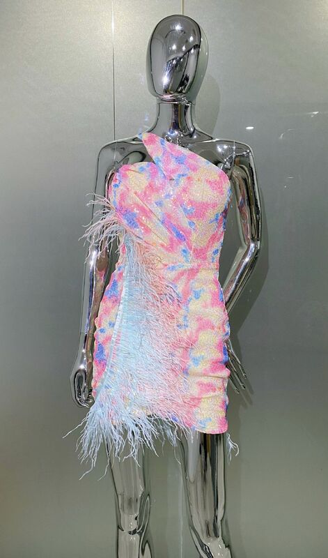 Женское вечернее платье с блестками, разноцветное облегающее платье мини на одно плечо с перьями, роскошное платье для причастия, лето