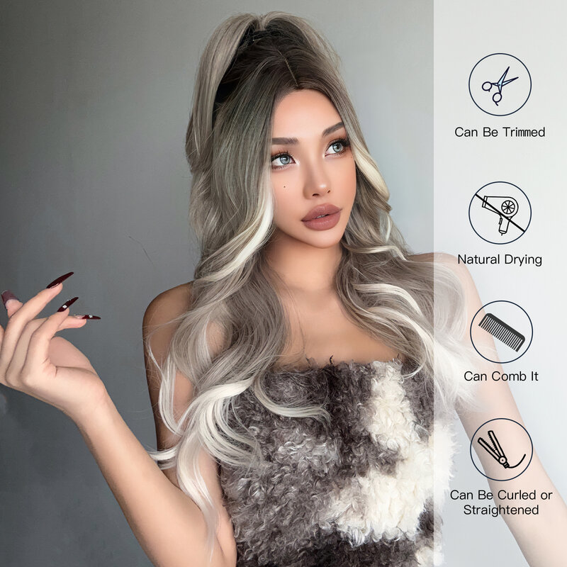 Ombre Brown to Silver Grey Synthetic Wigs Long Body Wavy Wigs Middle Part Hair Wigs for Women Party Princess Hair Heat Resistant