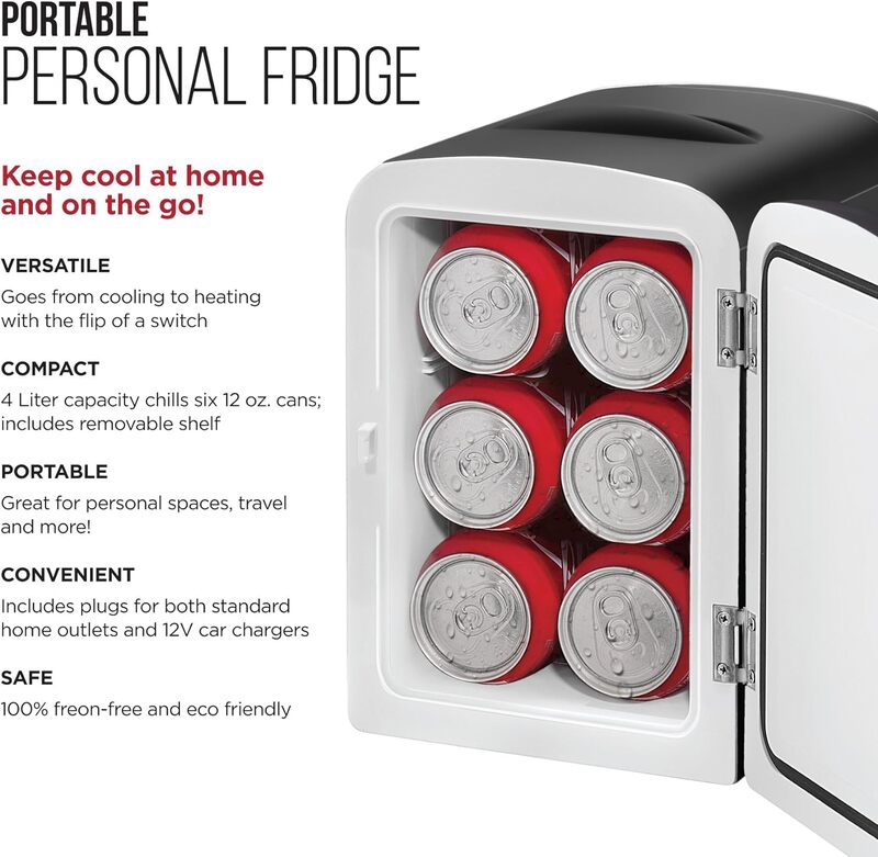 Mini réfrigérateur personnel noir portable Chefman-Iceman, refroidisse ou chauffe-eau, rangement compact pour les soins de la peau