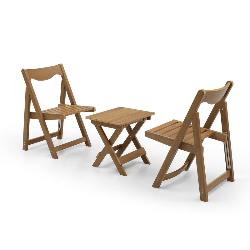 Faltbares, wetterfestes Bistro aus Hüften material mit kleinem rechteckigen Tisch und 2 Stühlen in Teakholz optik