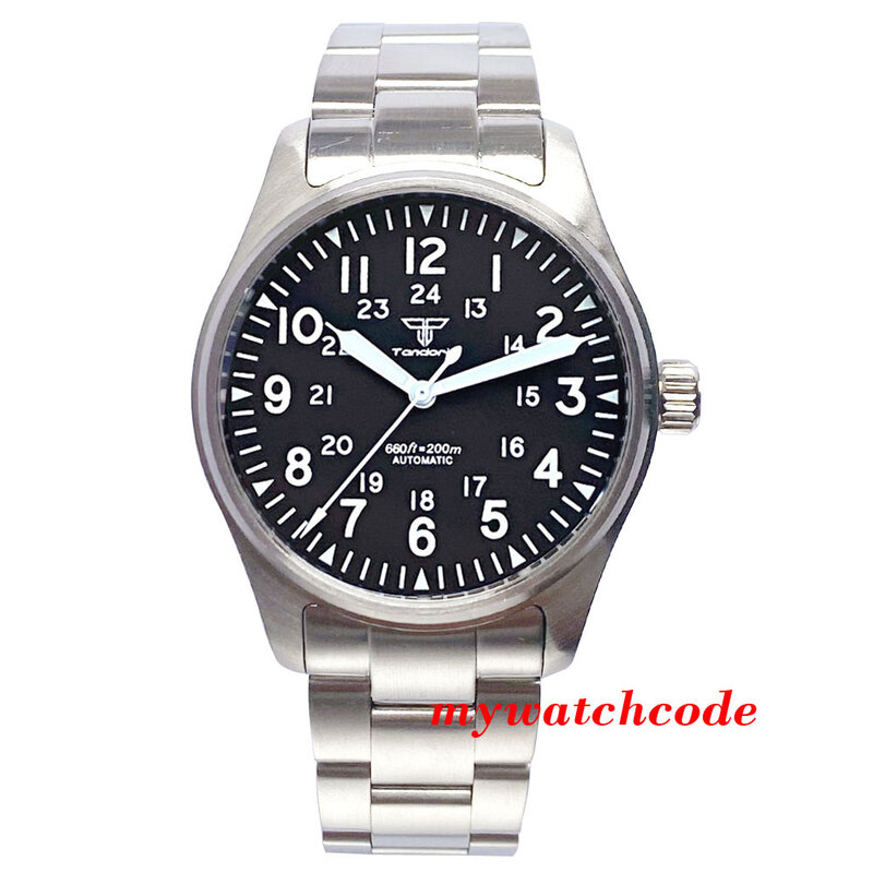 Tandorio 39mm NH35A PT5000 Brushed Pilot 200M Automatic Diving Men's Watch Luminous Dial Sapphire Glass Steel Band Reloj Hombre