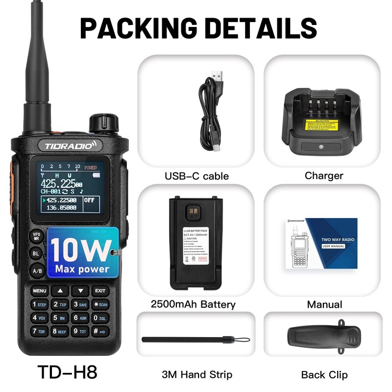 جهاز اتصال لاسلكي من TIDRADIO ، راديو طوارئ طويل المدى ، لحم الخنزير ، FM ، جهاز استقبال لاسلكي محمول ثنائي الاتجاه ، مجموعة لاسلكية ، TD H8 ، 10W