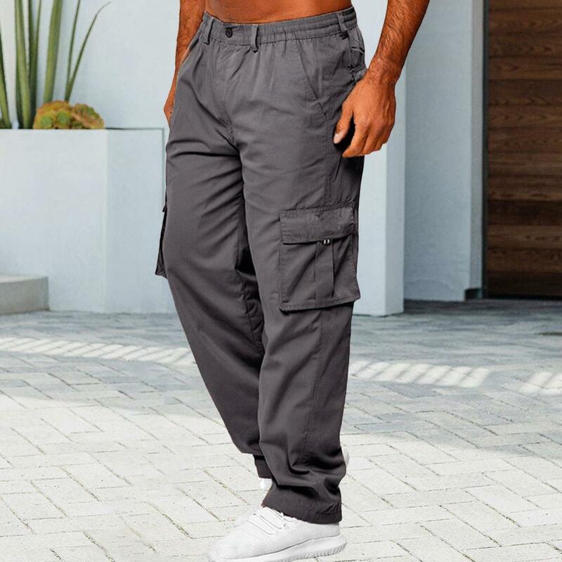 Men Reinforced Pocket Pants Men's Elastic Waist Cargo Trousers with Multiple Pockets Breathable Fabric Plus Size Fit for Daily