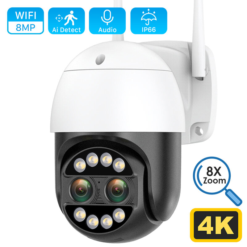 Câmera de Vigilância ao ar livre, Câmera CCTV de Segurança WiFi, Lente Dupla, Visão Noturna Colorida, 4MP 2K, Zoom Digital 8X, IP66, 8MP, IP 4K