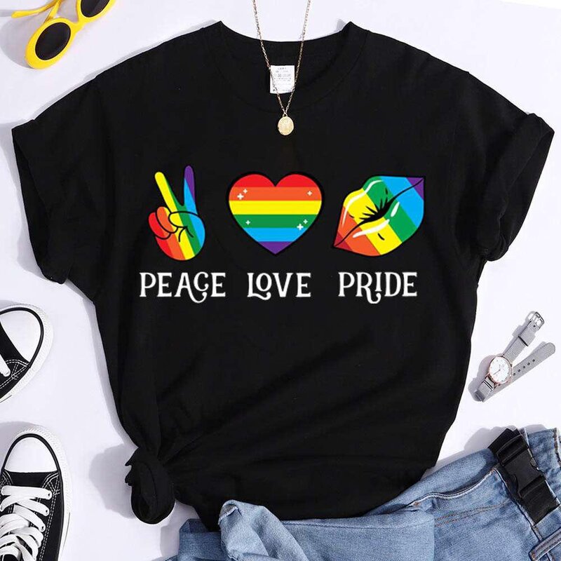 Cute LGBT Peace Love Pride T-shirts For Women Summer Tee Shirt Femme Casual Short Sleeve Round Neck Tops T-shirts