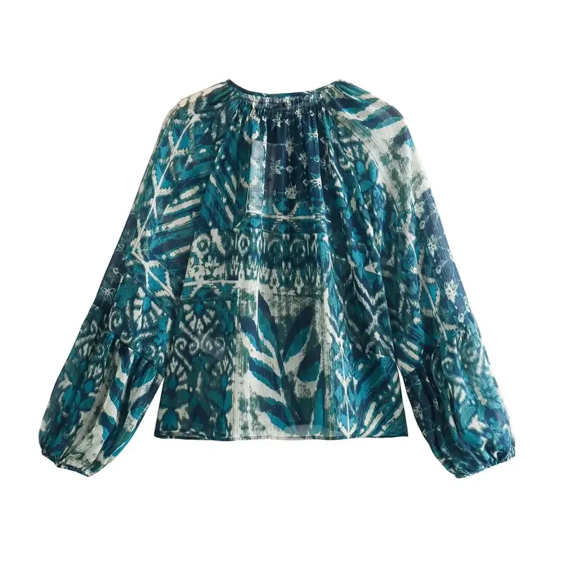Blusa holgada con estampado de alambre de Metal para mujer, camisa Vintage de manga larga con botones, Top elegante, 2024