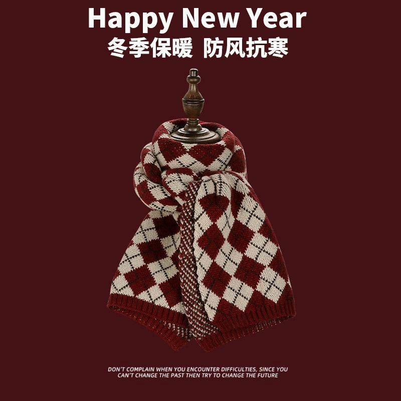 Nieuwjaar Kerstcadeau Rode Sjaal Voor Mannen En Vrouwen Winter Gebreide Wollen Warme Koreaanse Geruite Sjaal Veelzijdige Gratis Verzending