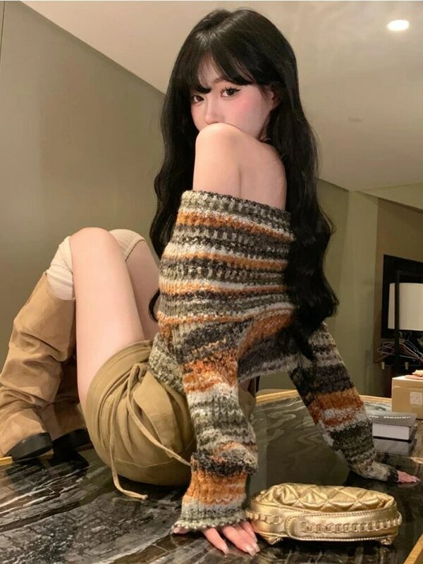 Deeptown Y2K maglione corto a righe Vintage donna Harajuku maglione lavorato a maglia sottile Hip Hop dolce Pullover con spalle scoperte top coreani