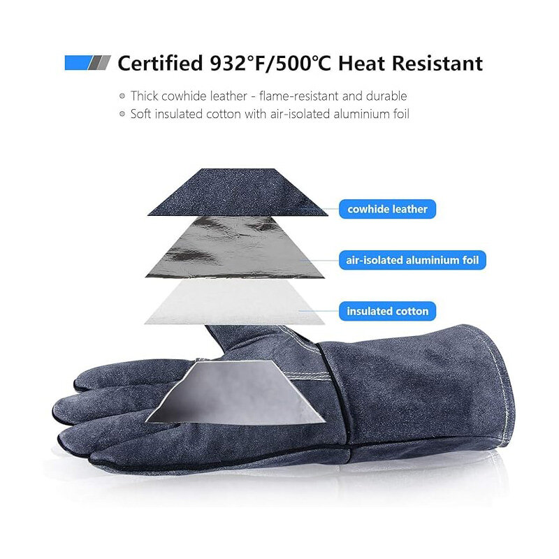 662℉-932℉ Heat-resistant Leather Gloves with Aluminum Foil Insulated Long Sleeve Suitable for Barbecue Tig Welding Mig and Oven