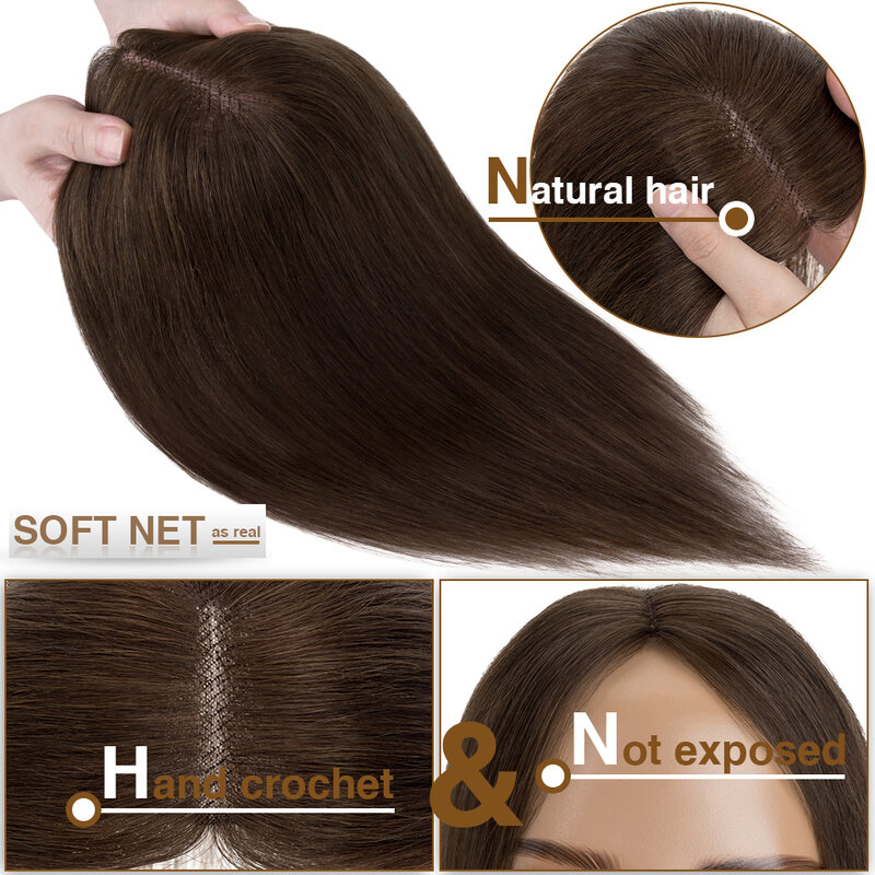S-noilite 8x10cm Human Hair Toppers Hand Made Center Part Mono Women Topper Natural Hair Wigs Single Knot Hair Clip Extensions