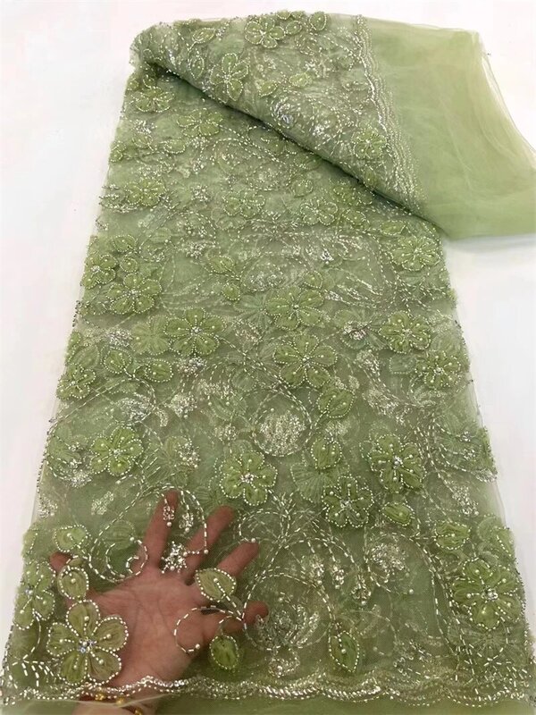 Lujosa tela de encaje nigeriana hecha a mano, bordado de cuentas de lentejuelas de alta calidad, tela de encaje francés africano para vestido, 2024