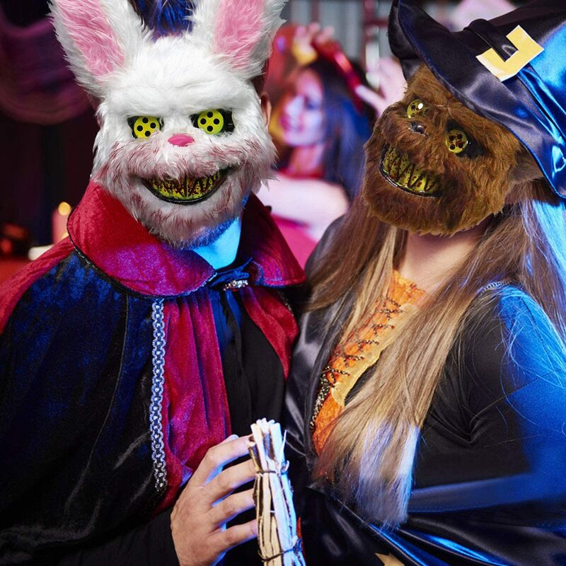 Disfraz de conejo espeluznante, máscara de asesino sangriento, conejito para Halloween, cubierta de cabeza con brillo aterrador, tocado de Lobo y Panda, utilería para mascarada