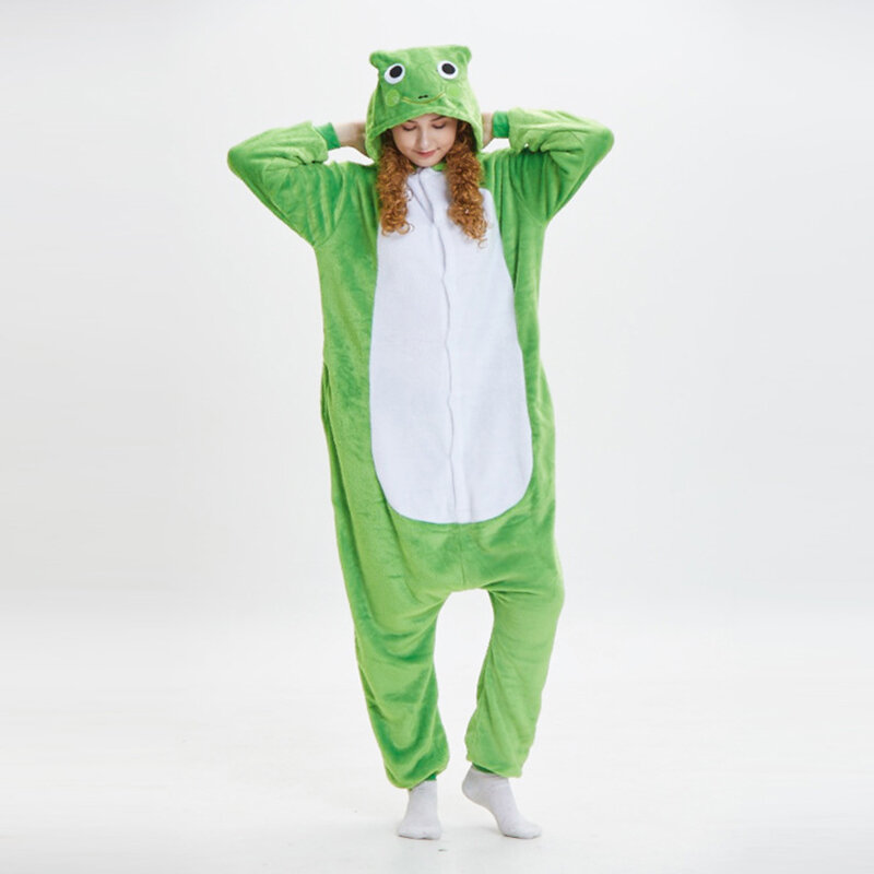 Animal Frog One-piece Sleepwear Cartoon Bear Jumpsuit Pijamas Flannel Warm Onesie Nightgown Unisex Adult Kids Cosplay Costume