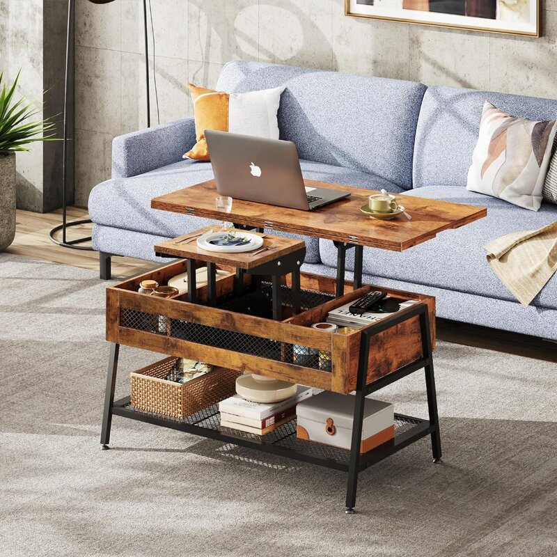 Angehobener Tisch Couch tisch mit Stauraum, verdecktem Fach und Metallrahmen, der sich in einen Esstisch im Wohnzimmer verwandelt