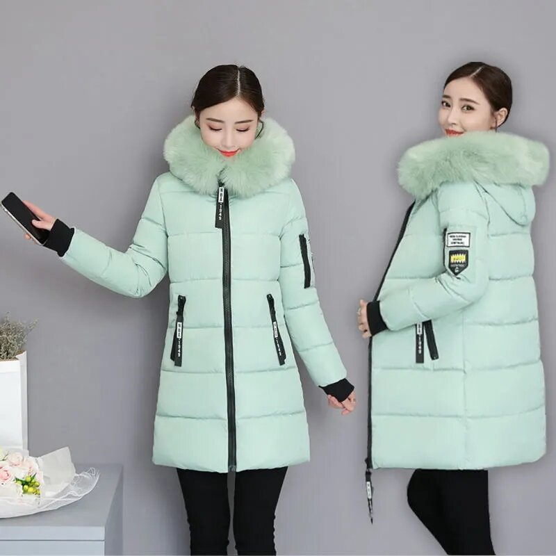 Fashion Fur Collar Hooded Down Cotton Coat Womens Winter Parkas Jacket Long Warm Padded Puffer Parkas Snow Wear Outwear Female