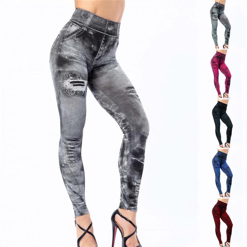 Облегающие брюки, стильные женские рваные джинсы с принтом из искусственного денима, леггинсы для фитнеса