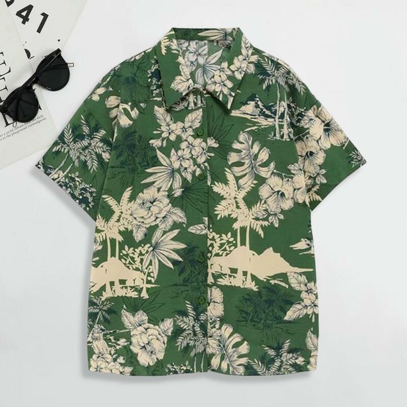 Camisa hawaiana de secado rápido con bolsillo y parche para verano, camisa hawaiana con estampado Floral de hojas, a la moda