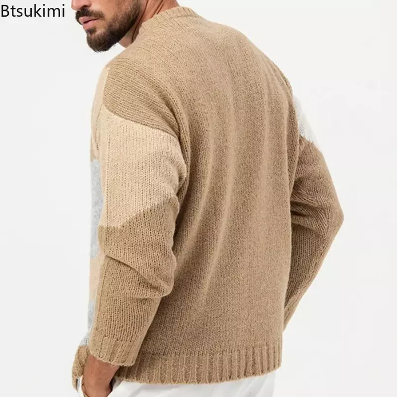 Sweater rajut pria, atasan rajut lengan panjang longgar leher O Vintage kasual pria, pullover mewah ringan cetak 2024 musim gugur