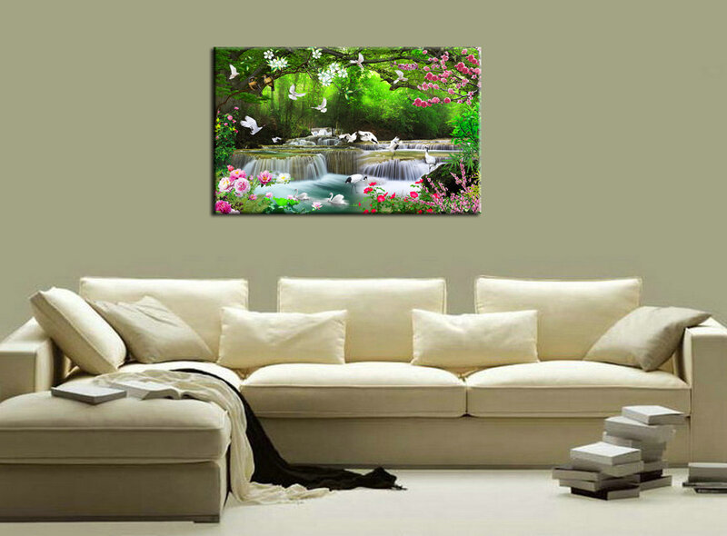 Wall Art Canvas Print Painting Forest Waterfall Landscape Nature Flowers HD Picture Living Room Home Decor HYS2018