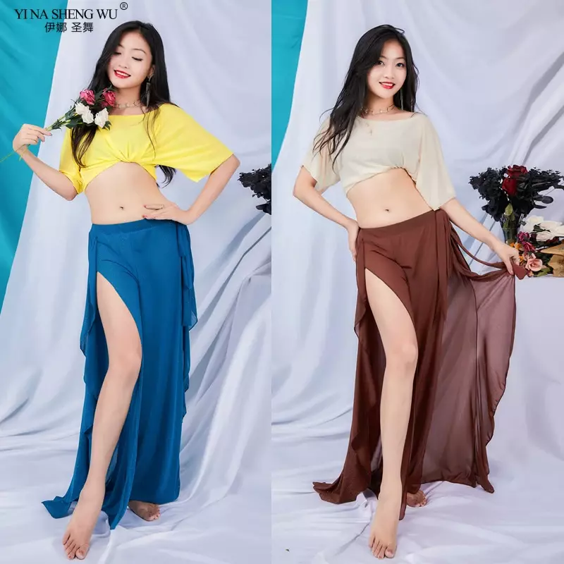 Belly Dance Suit Printing Mesh Top Short Sleeves Split Pants Practice Clothes Set Female Elegant Performance Clothing Summer
