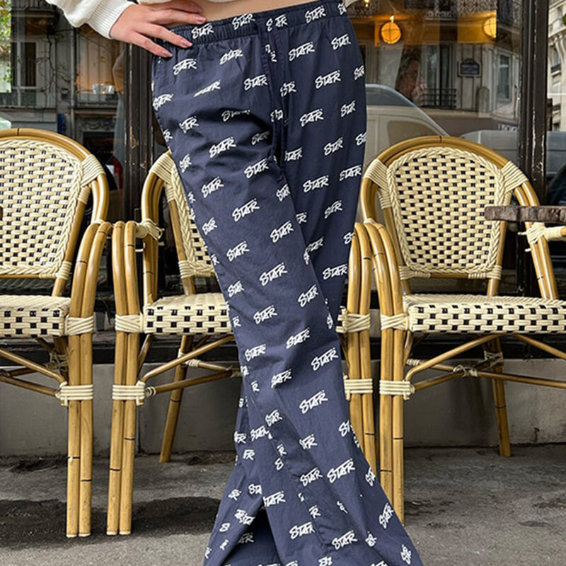 Retro damska Y2K luźna workowate spodnie Grunge pełna litera/gwiazdki nadruk ściągany sznurkiem w pasie szerokie nogawki estetyczne długie spodnie