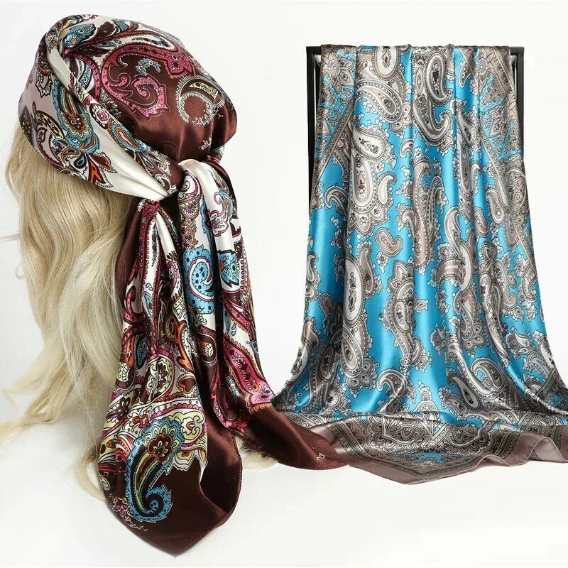 Foulard carré en soie pour femmes, bandeau imprimé, Foulard en Satin, Hijab, bandeaux pour cheveux, Foulard femme, Bandana, 2022