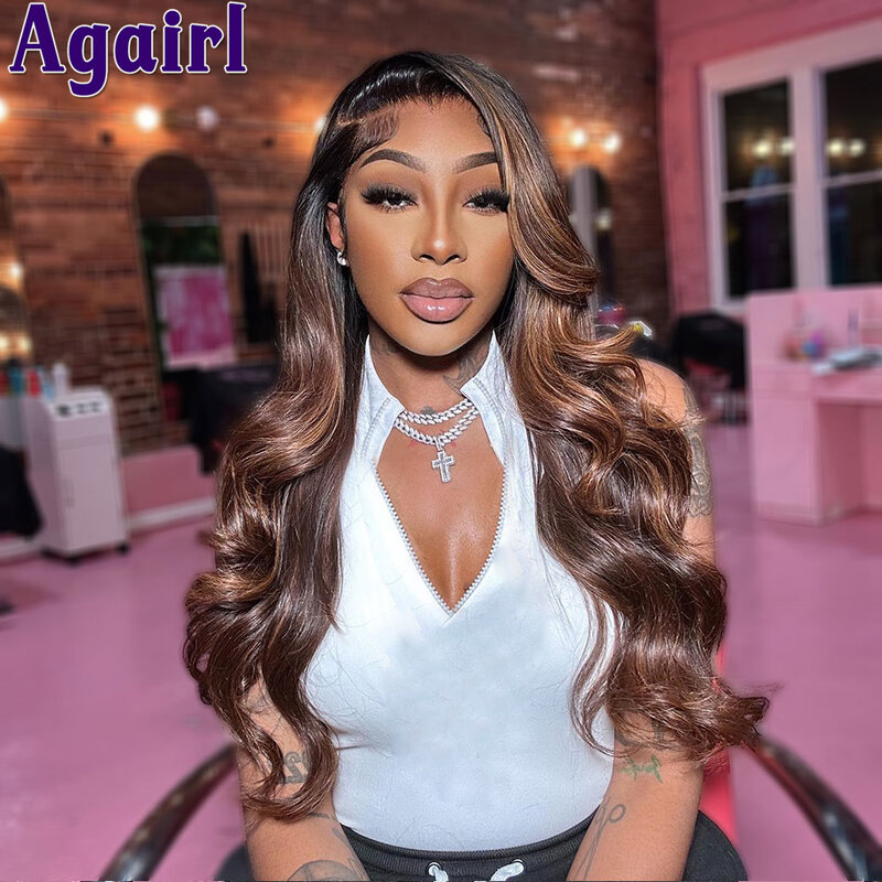 Highlight Brown Blonde 100% Human Hair Wigs 13x6 Transparent Lace Frontal Wig Pre Plucked Glueless 13x4 Body Wave Lace Front Wig