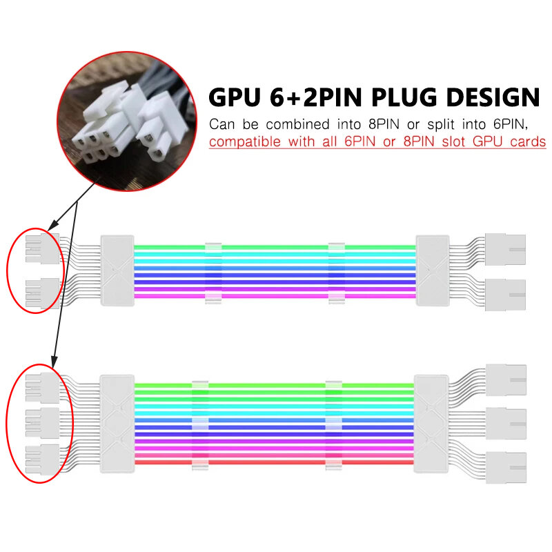 Jumpeak 컴퓨터 ARGB 동기화 PSU 전원 공급 장치 연장 케이블 키트, ATX 24PIN VGA GPU PCI-E 8PIN 6 핀 RGB PC 모듈 케이블, 18AWG