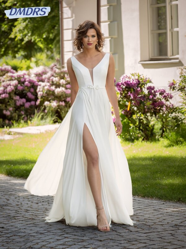 Gaun pengantin tanpa punggung tanpa lengan seksi gaun pengantin sifon nyaman gaun pengantin panjang A-line sederhana jubah pengantin wanita
