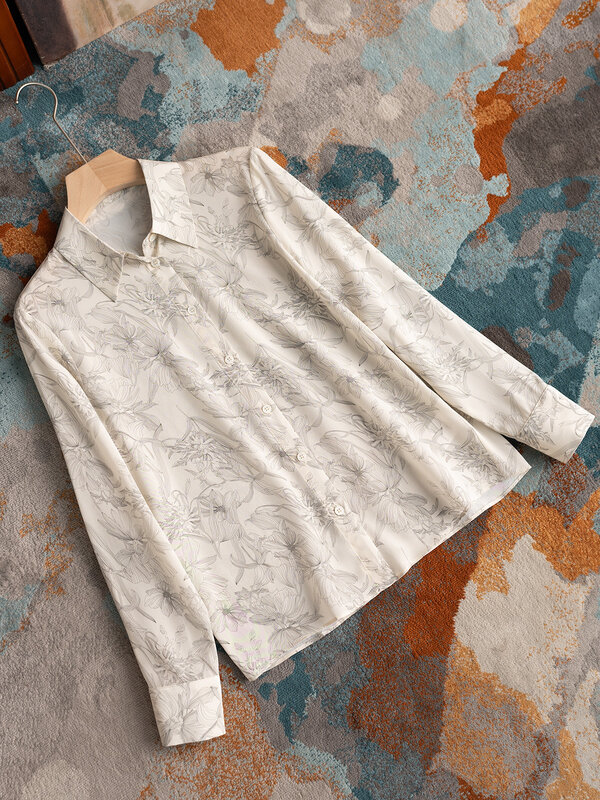Camisa de seda lapela manga comprida para mulheres, gola polo, blusas elegantes, alta qualidade, camisa temperamento