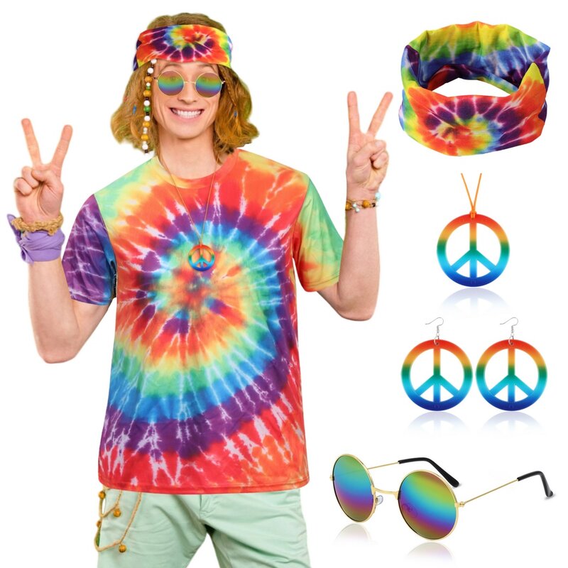 Мужской яркий костюм в стиле 70-х годов, футболка с разноцветным принтом в виде галстука и повязки на голову, солнцезащитные очки, надпись мира, ожерелье, красочные рубашки