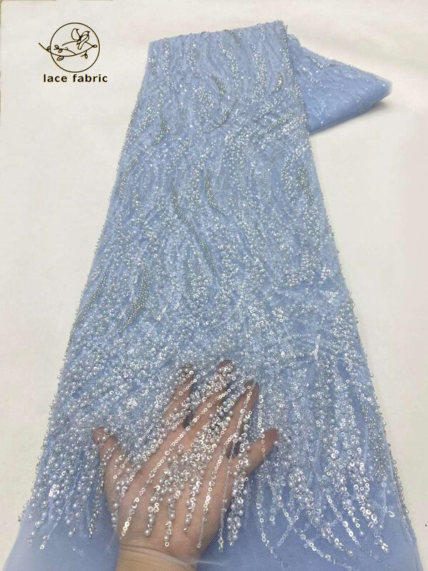 Kain renda manik-manik Afrika Terbaru sulaman kualitas tinggi kain renda payet jala Perancis renda Nigeria Tulle renda untuk gaun pesta