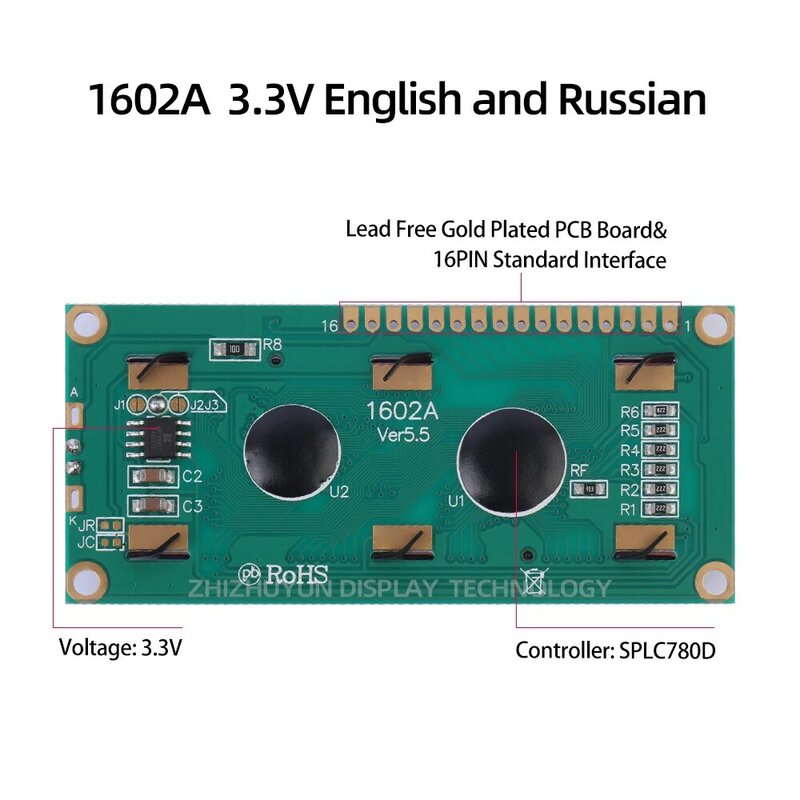 Pantalla LCD de alto brillo para caracteres, pantalla de grado Industrial, película verde esmeralda, inglés y ruso, 1602A, 16x2