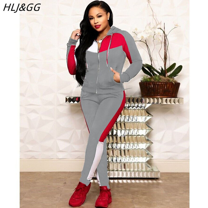 HLJ&GG Casual Solid Patchwork Print Hoody Tracksuits Women Zip Long Sleeve Top+Pants Two Piece Sets Fashion Matching 2pcs Outfit
