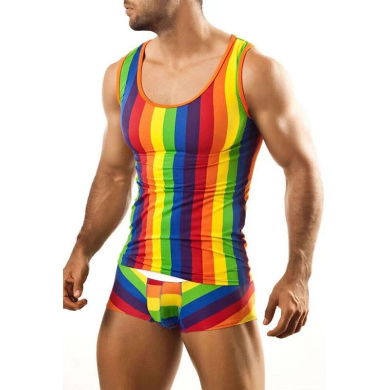 Tank Men Pajamas Set Daily Office Tight Casual Colorful Comfortable Gym M-3XL Rainbow Round Collar Sexy Comfortable