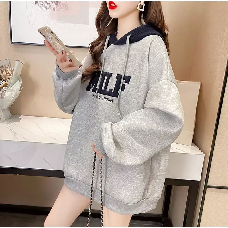 Letter Print Lamb Wool Hoodies Women Fleece Oversize Korean Style Sweatshirts Female 2024 Autumn Girls Casual Pullovers