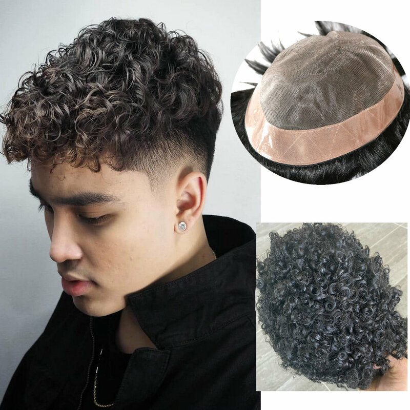 Tupé de cabello humano rizado para hombre, peluca masculina de 15mm, resistente, Mono fino, Base de PU, postizos de repuesto, sistema transpirable