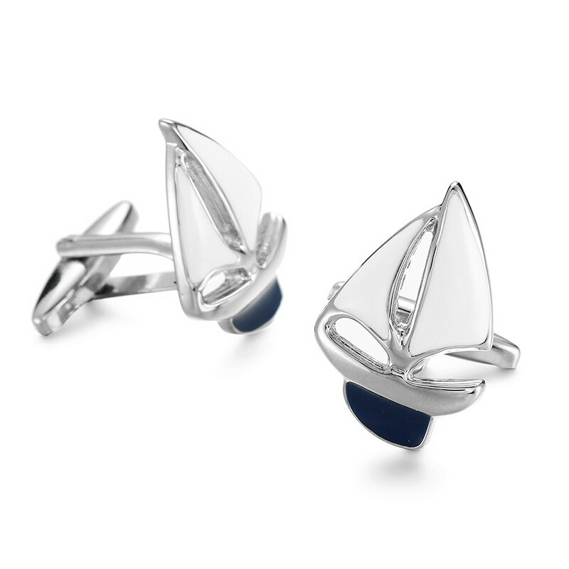 Manschetten knöpfe aus französischem Hemd aus Kupfer material mit blauem Boden und Segelboot-Design knöpfen für Hochzeits schmuck geschenke für Männer