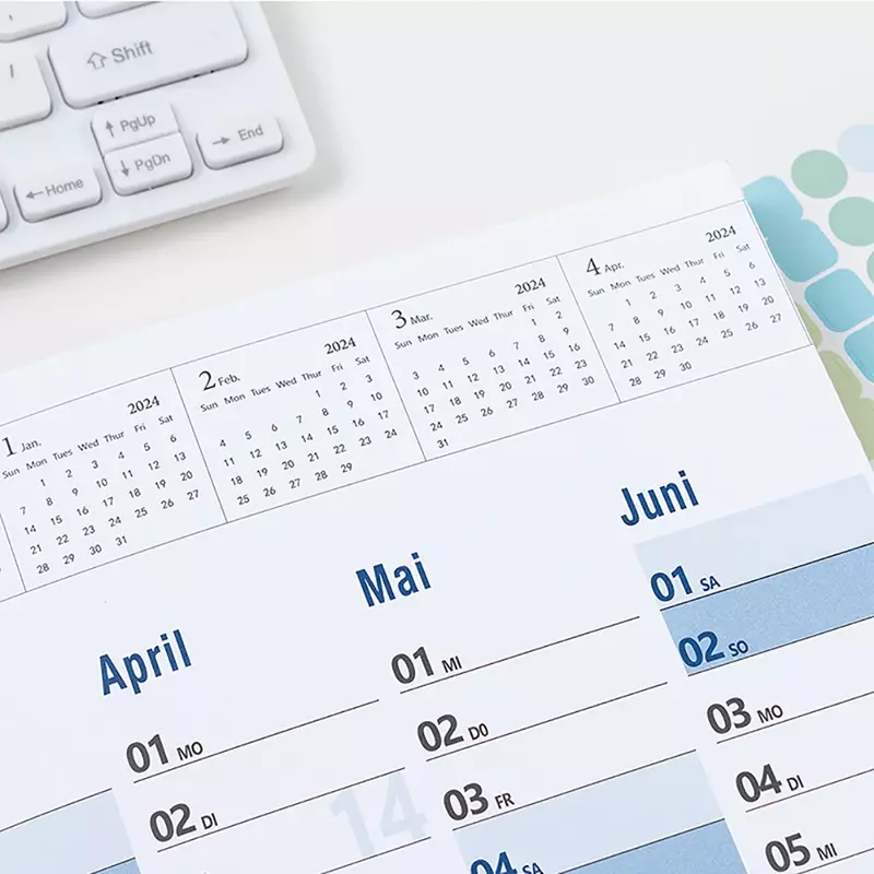 Papel azul de parede pendurado calendário, plano diário, para fazer a lista, agenda memorando, papelaria, Home Office, material escolar, 2024