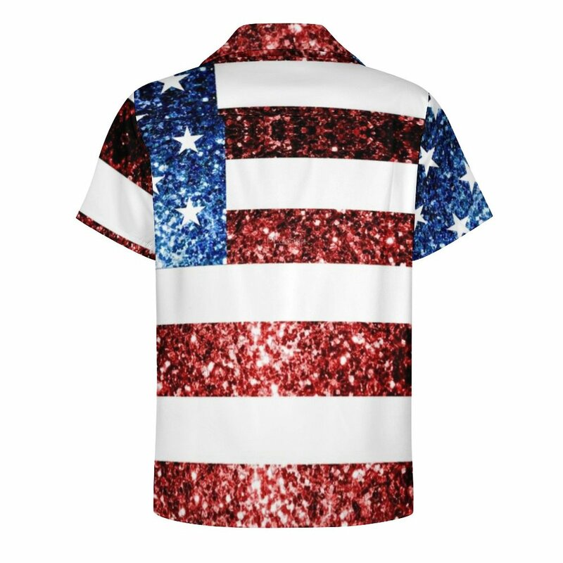 アメリカの国旗が付いたカジュアルなシャツ、フェイクsparklesとキラキラのルーズシャツ、半袖、ラージサイズ、ビーチ、夏用