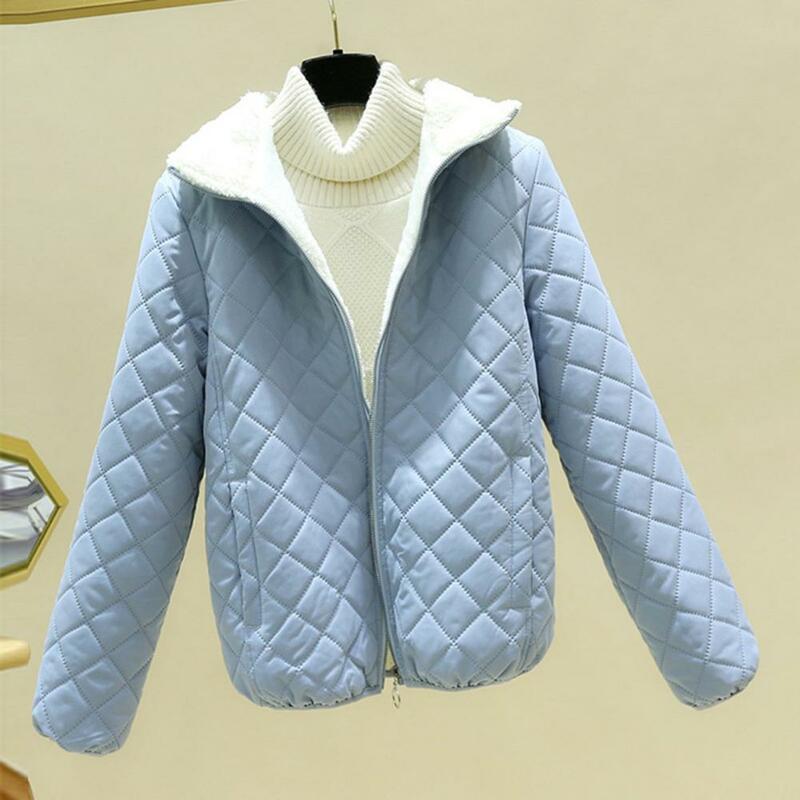 Abrigo de protección con cuello levantado para mujer, chaqueta acolchada gruesa con cierre de cremallera, textura de rombos, Otoño e Invierno