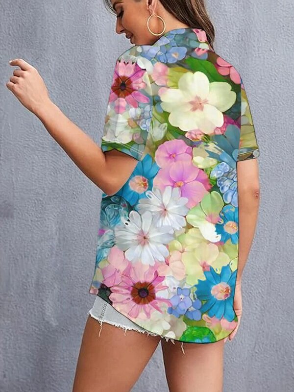 Camisa feminina de manga curta estampada digital com flores em 3D, casual solta, temperamento simples, verão, 2024