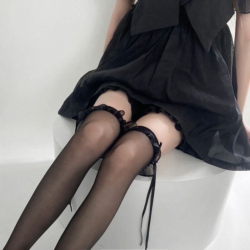 JK Lolita balletcore ถุงเท้ายาวผูกโบว์ระบายอากาศสำหรับผู้หญิงถุงเท้ายาวเหนือถุงเท้าระดับเข่า